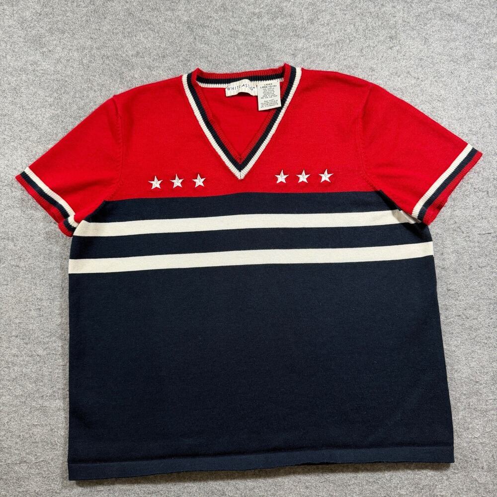 White Stag Vintage Sweater Womens Large Red Navy Star V-Neck Striped Fall Knit